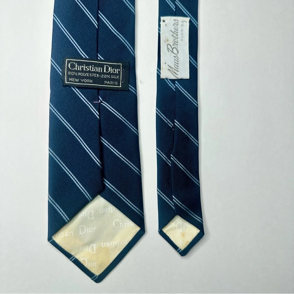 Vintage DIOR Embroidered Navy Blue Striped Classic Tie, 3”